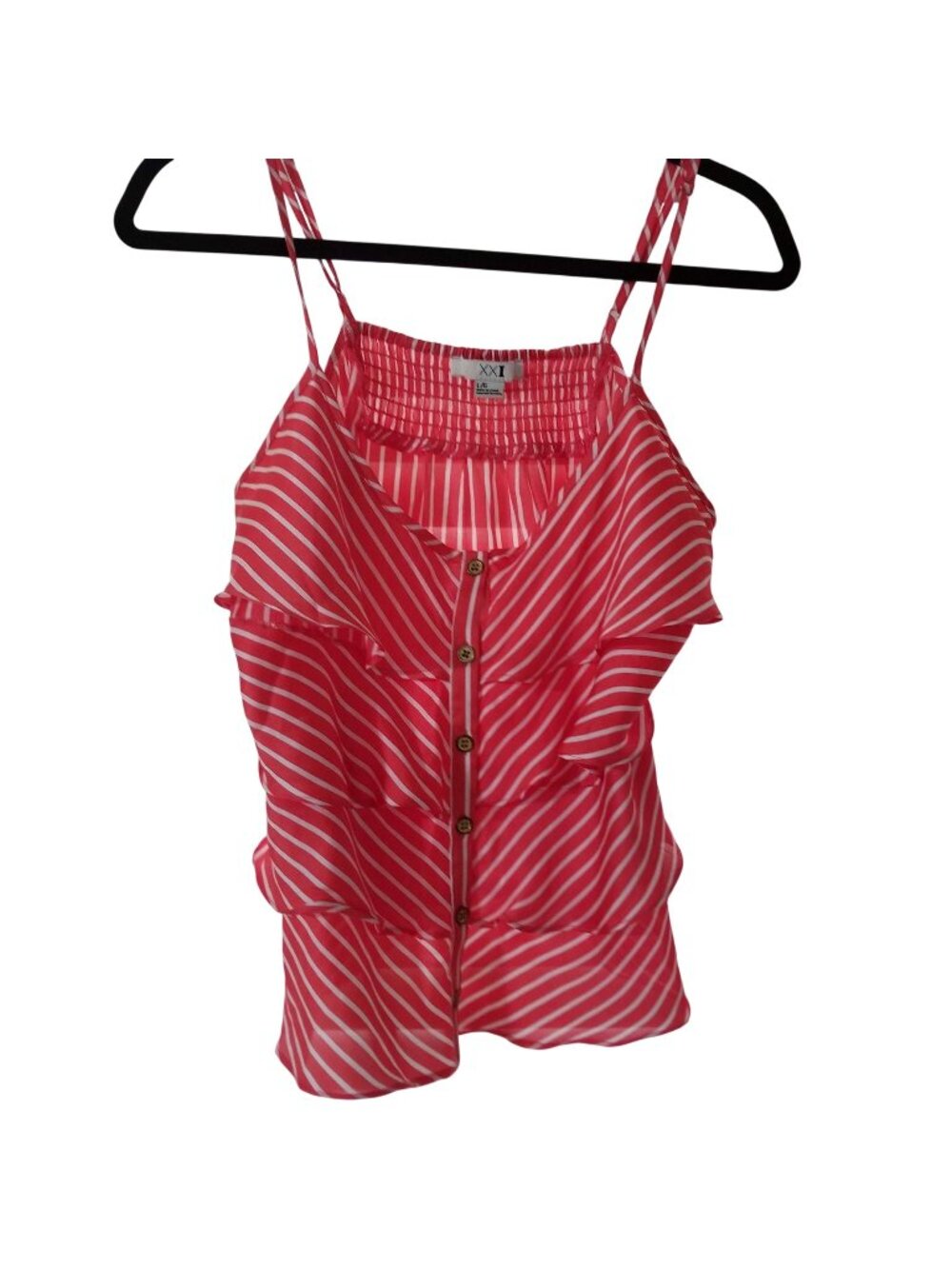 Striped Pink & White Button-Up Ruffle Tank Top With Spaghetti Straps - Size Larg